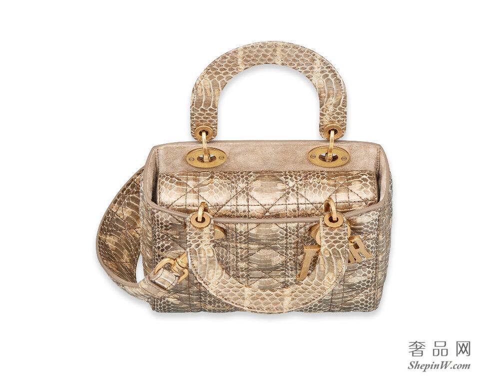 Dior迪奥“Lady Dior”金色金属光泽藤格纹猫蛇皮柔软手提包