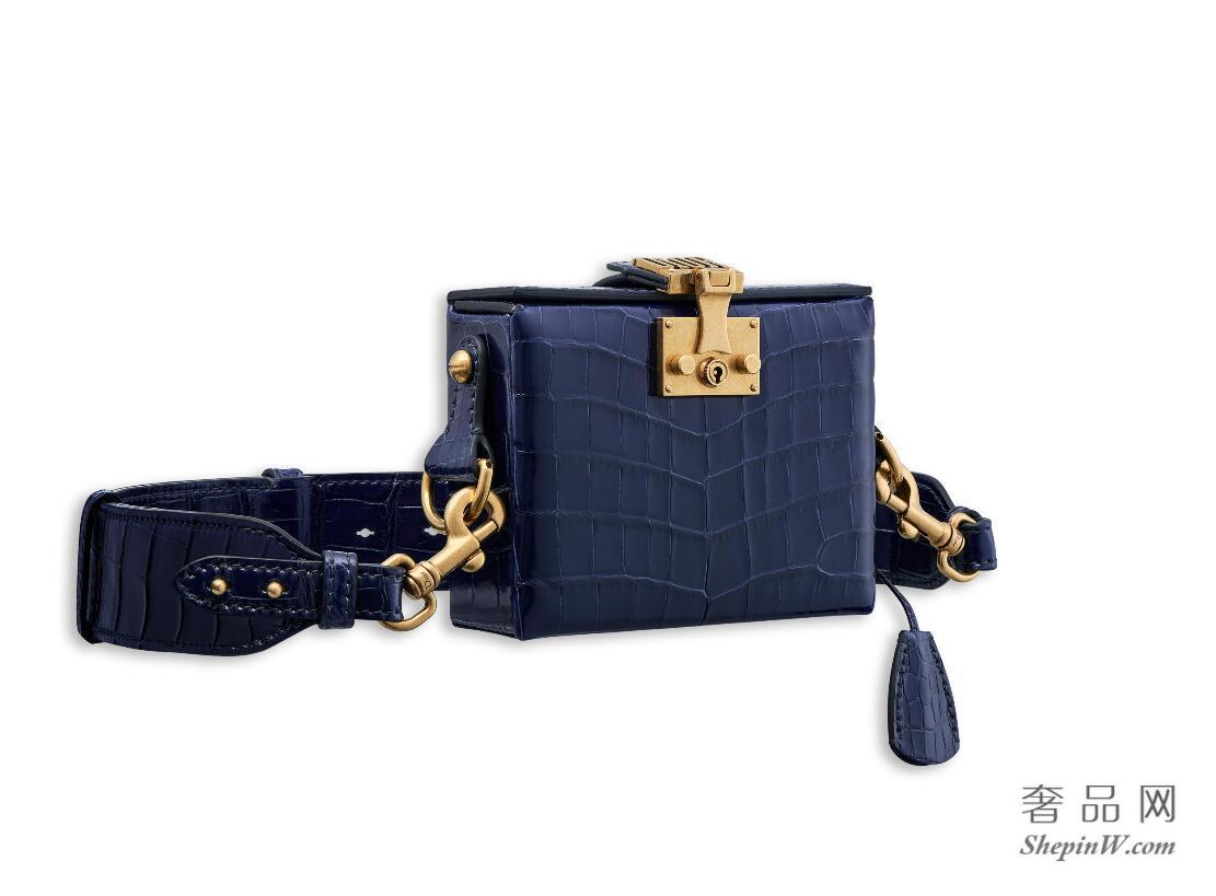 “Dioraddict”靛蓝色亮面尼罗鳄鱼皮盒式小手提包