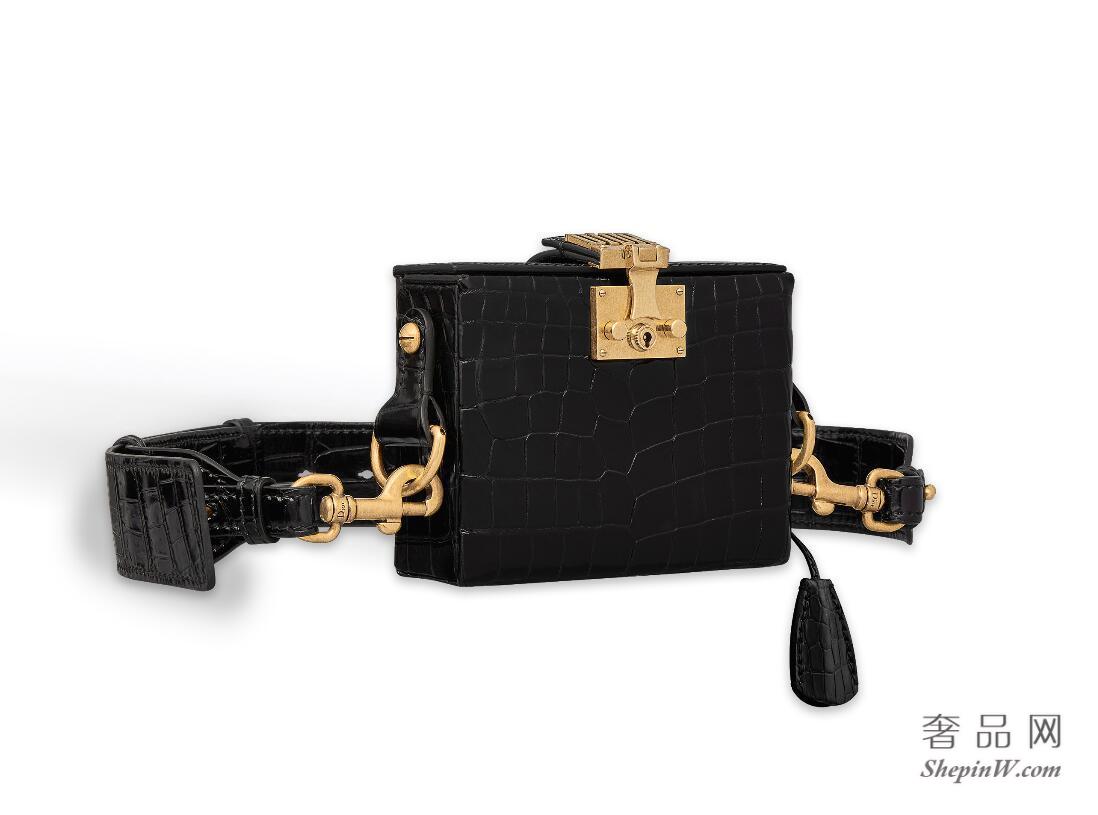 迪奥 “Dioraddict”复古金色 黑色尼罗鳄鱼皮盒式小手提包