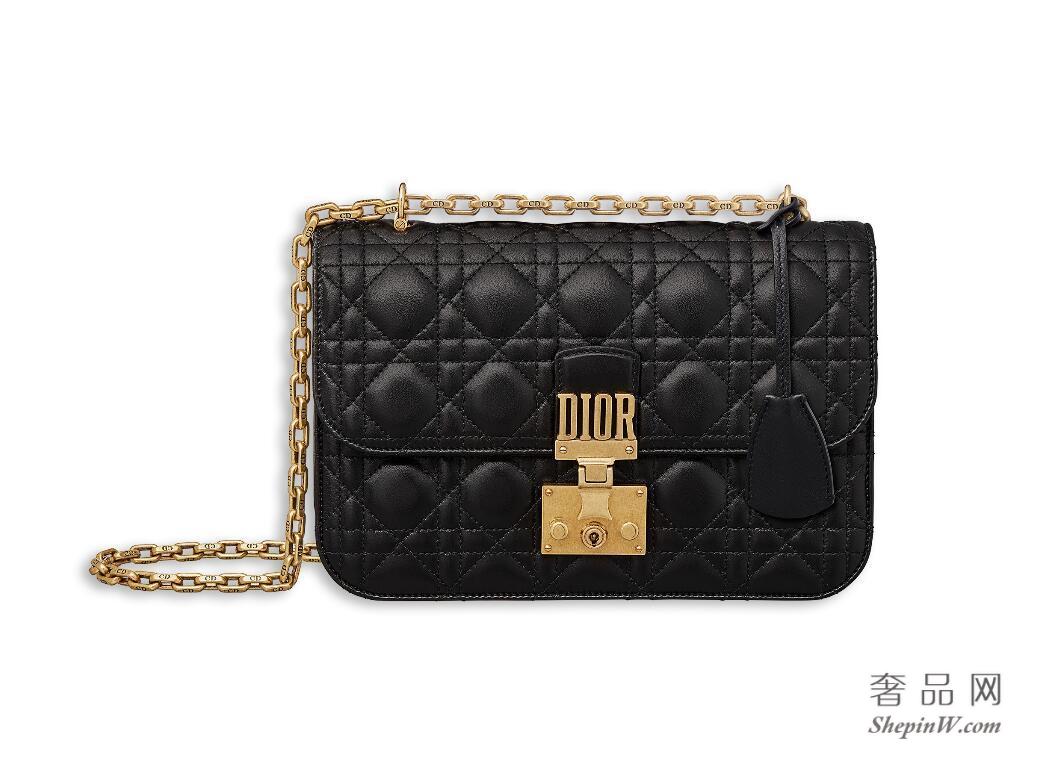 Dior addict黑色藤格纹小羊皮翻盖式手提包24cm