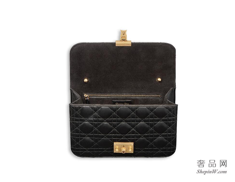 Dior addict黑色藤格纹小羊皮翻盖式手提包24cm