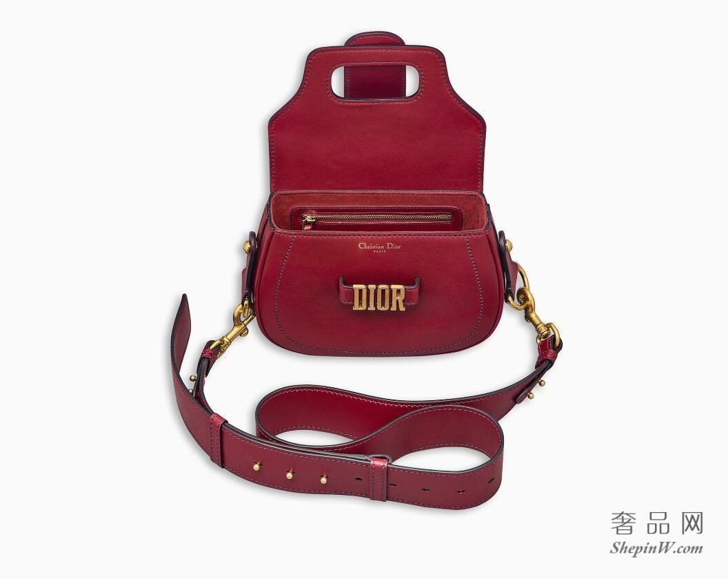 D-Fence红色光滑小牛皮斜挎包，搭配复古金色金属DIOR带扣