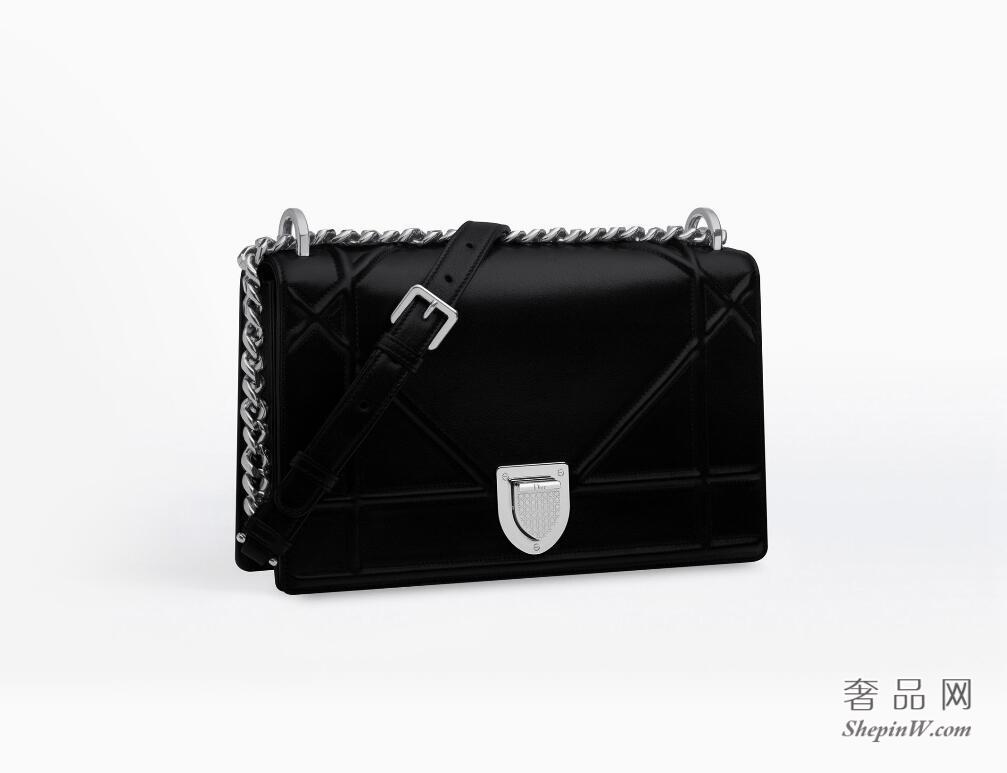 迪奥dior Diorama黑色小羊皮覆盖式手提包 银色盾形纹章锁扣