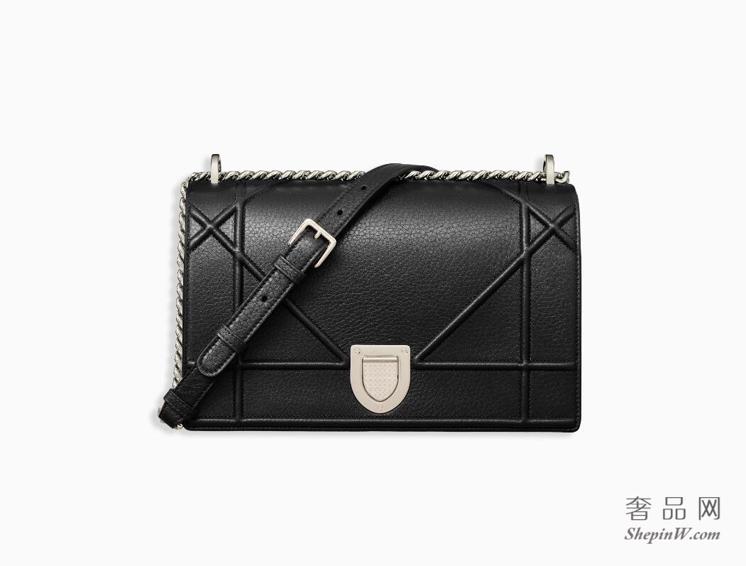 迪奥dior “Diorama”黑色Archicannage藤格纹图案粒面触感小牛皮翻盖式手提包