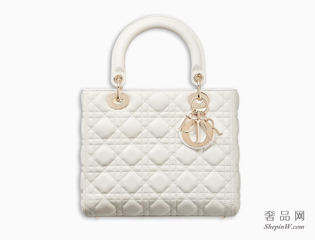 迪奥“Lady Dior”原色藤格纹小羊皮 淡金色金属手提包