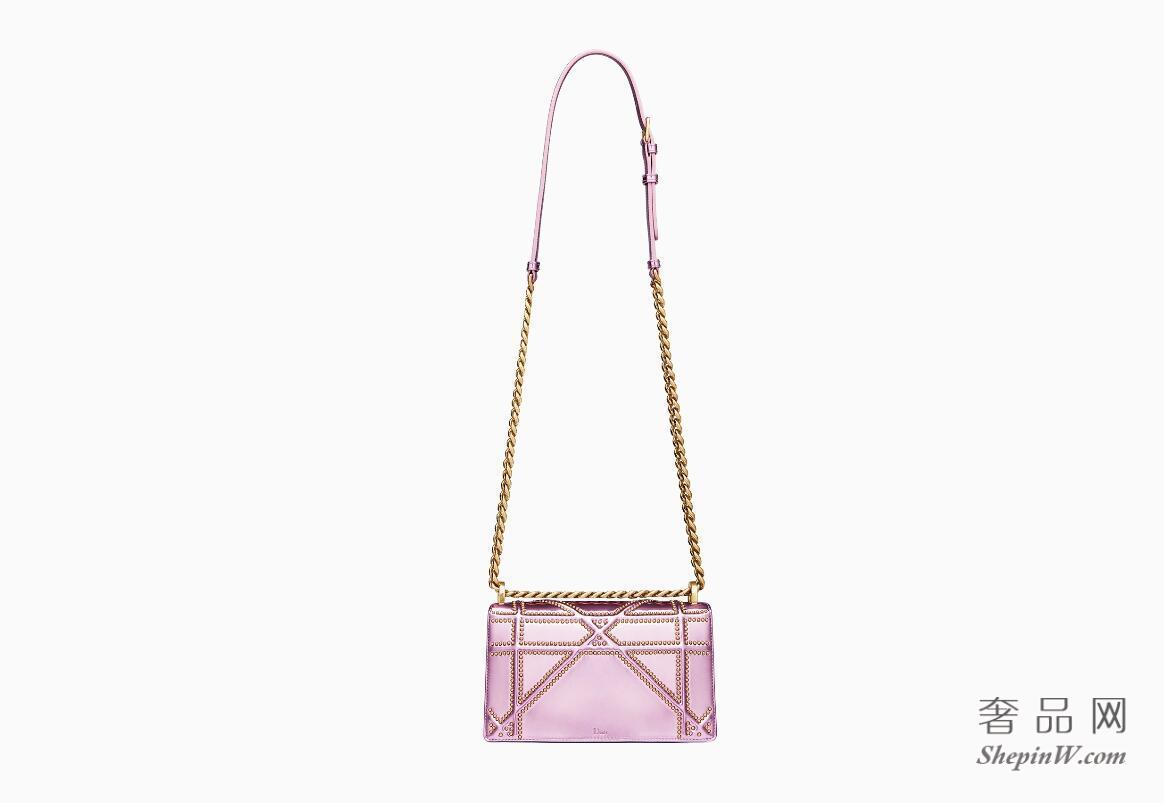 迪奥dior Diorama粉红色金属光泽Archicannage藤格纹图案镜面小牛皮小手提包