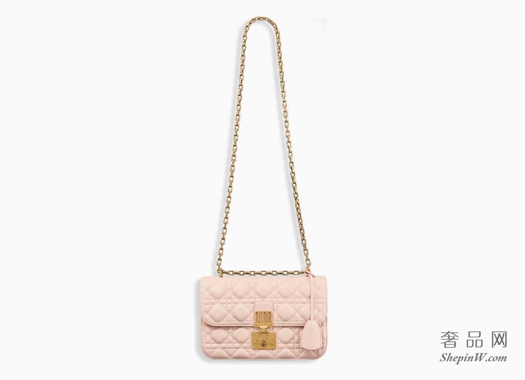 迪奥“Dioraddict”柔粉色藤格纹小羊皮翻盖式手提包