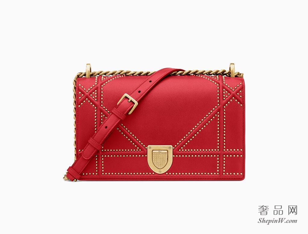 迪奥dior Diorama红色Archicannage藤格纹图案小羊皮手提包
