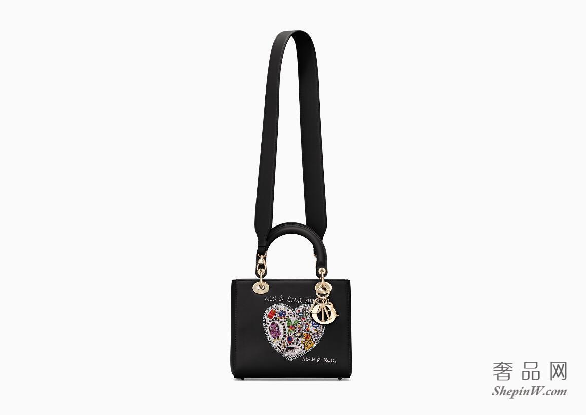 迪奥Lady Dior黑色光滑小牛皮手提包 Niki de Saint Phalle圆珠和丝线刺绣