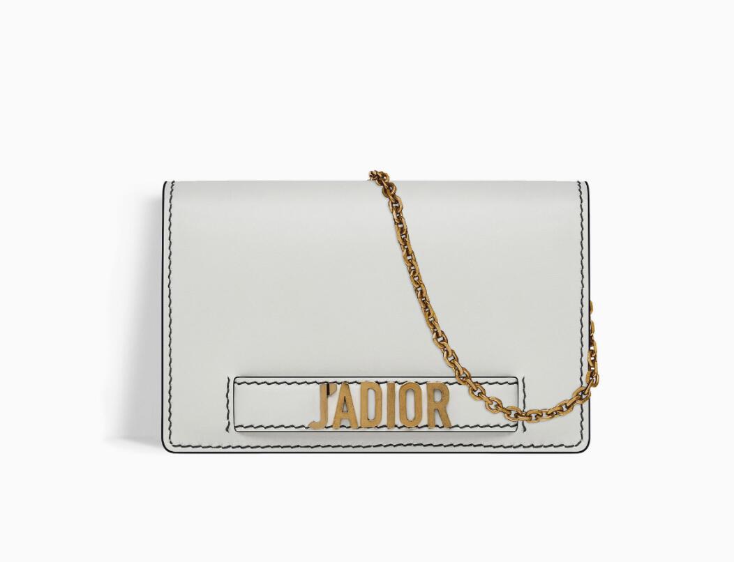 迪奥J'adior Wallet on Chain白色小牛皮皮夹 复古金色金属J'ADIOR标志