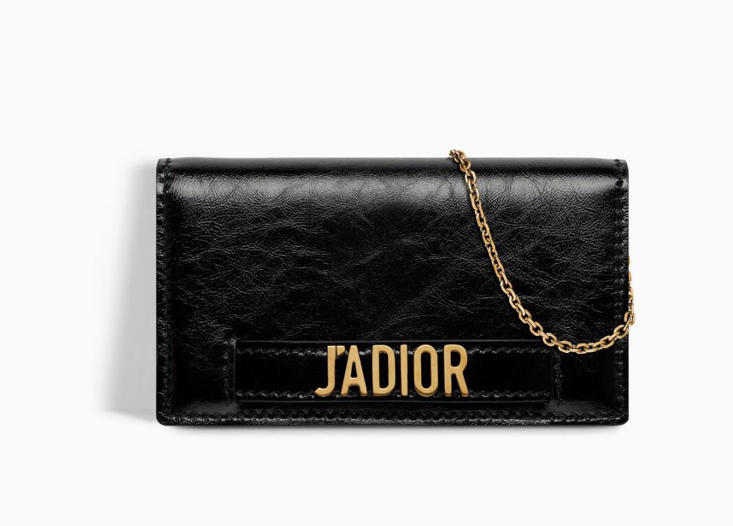 迪奥 J'adior黑色褶皱小牛皮小皮夹 复古金色金属J'ADIOR标志