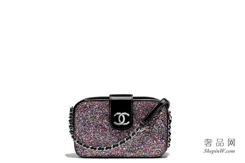 Chanel 相机套闪亮PVC纤维、多色与黑色小牛漆皮