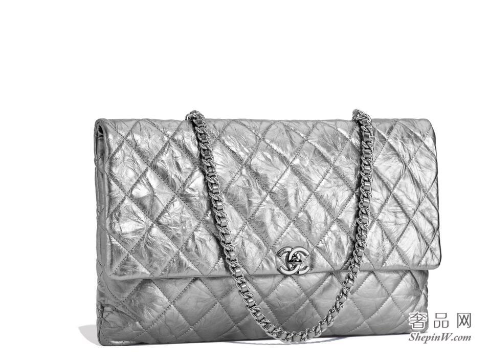 Chanel handbag口盖包 金属质感皱纹银色小牛皮