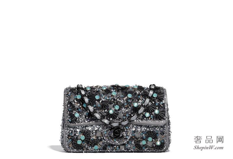Chanel handbag口盖包 碳灰及蓝色刺绣面料、小羊皮