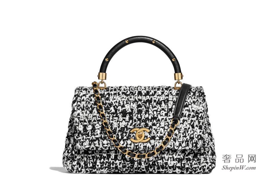 Chanel handbag 黑与米色口盖包 钩花小羊皮