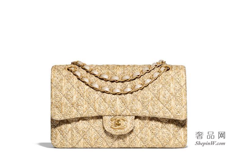 Chanel handbag 米色经典口盖包 编织帆布与金色