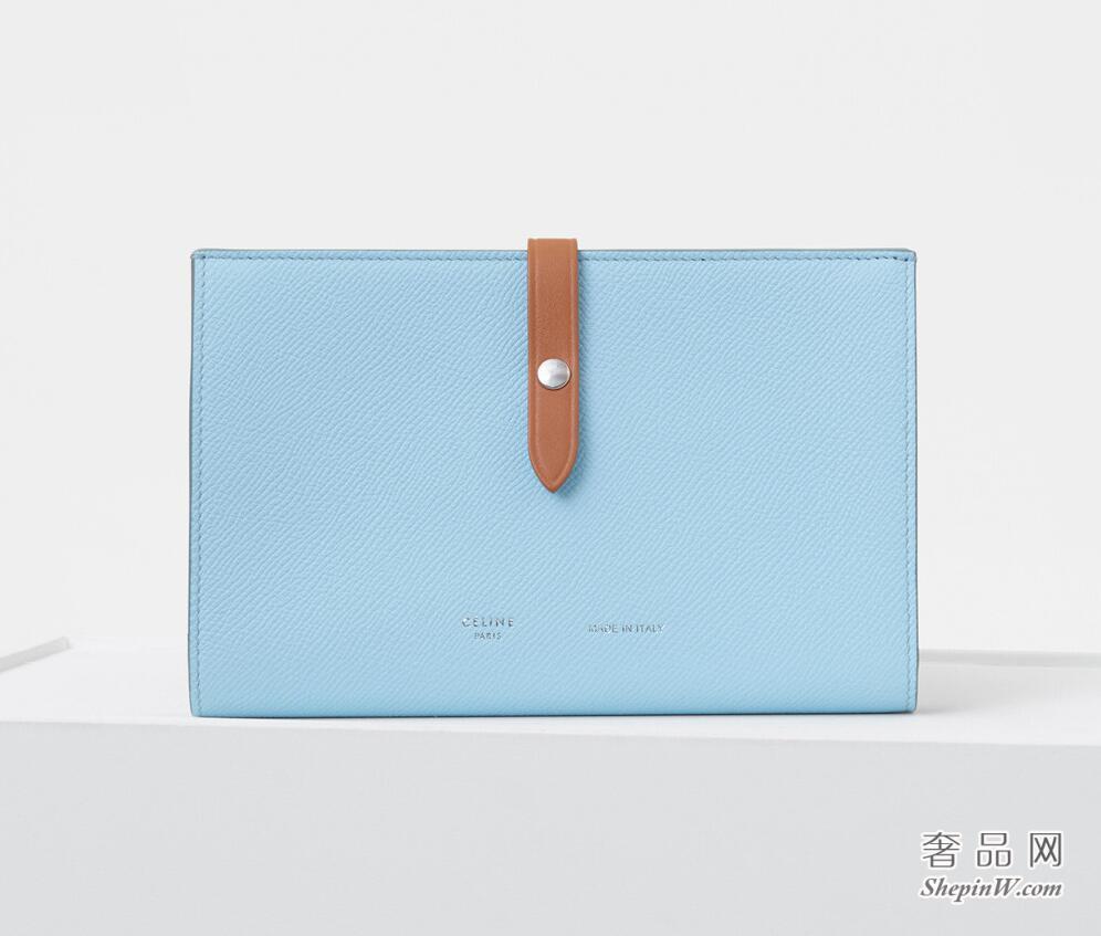 Celine Strap大号泳池蓝粒面小牛皮拼亮泽小牛皮多功能钱包