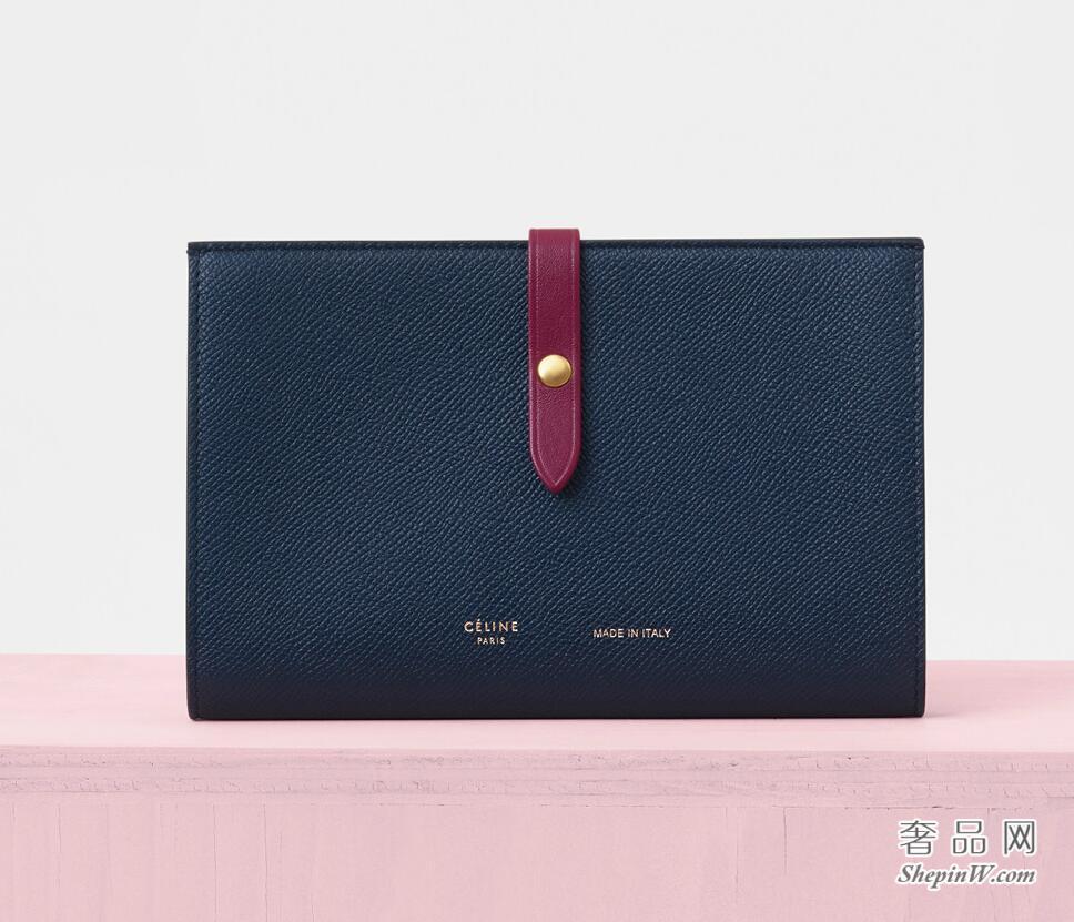 Celine Strap大号钢铁蓝粒面小牛皮拼亮泽小牛皮多功能钱包