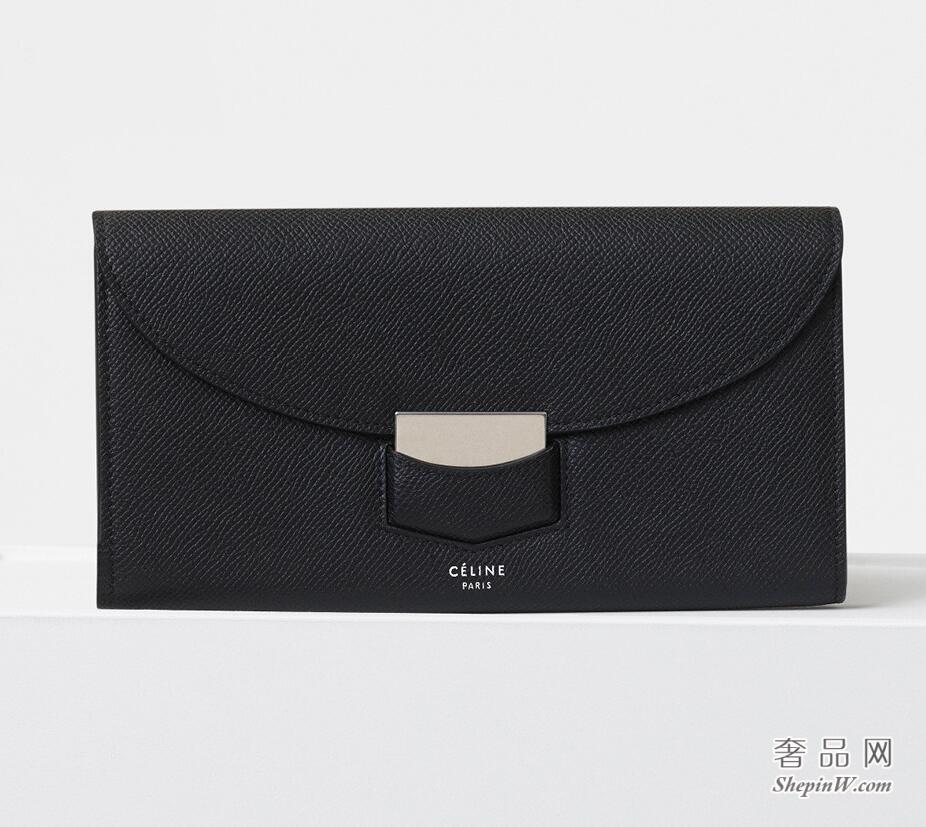 Celine Trotteur大号粒面小牛皮多功能翻盖钱包