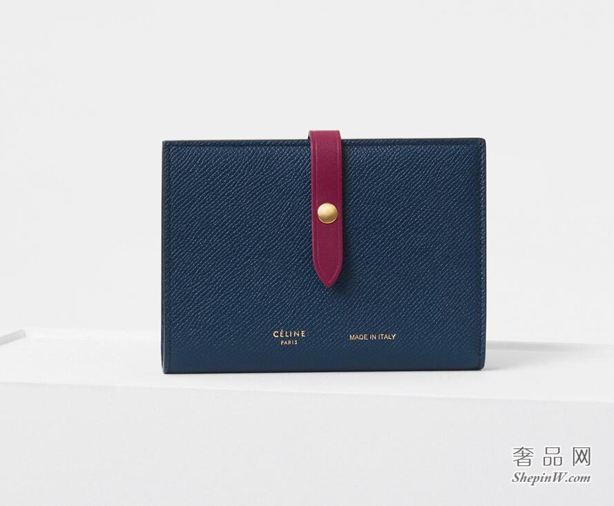 Celine Strap中号钢铁蓝粒面小牛皮拼亮泽小牛皮多功能钱包