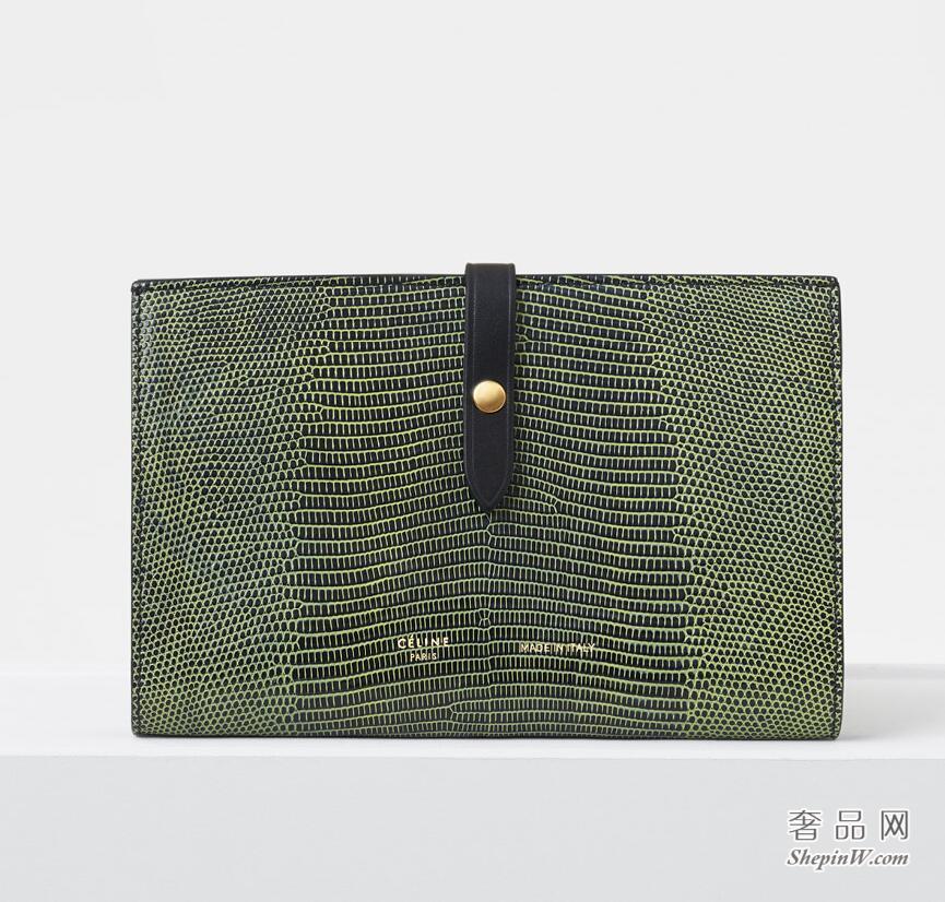 Celine Strap大号黑色和柠檬黄蜥蜴皮拼亮泽小牛皮多功能钱包