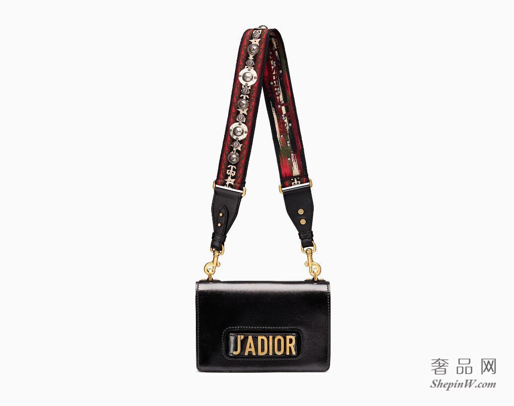 Dior J'adior黑色褶皱小牛皮翻盖式手提包 配波西米亚风格肩带