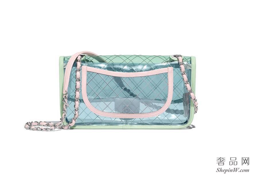Chanel香奈儿 2018春夏系列新款式 PVC材质、小羊皮 蓝、绿与粉红 口盖包