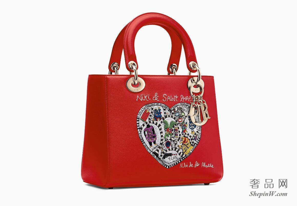迪奥Lady Dior红色光滑小牛皮手提包 Niki de Saint Phalle圆珠和丝线刺绣