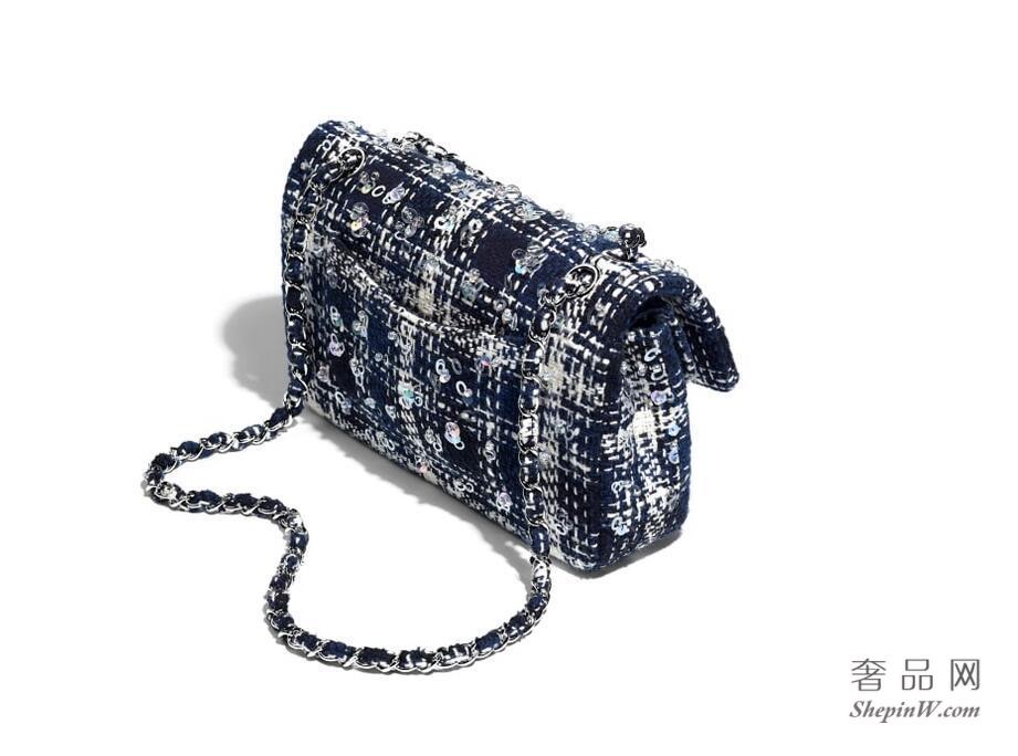 CHANEL 2018春夏Classic Handbag 黑 海军蓝与乳白 刺绣斜纹软 口盖包