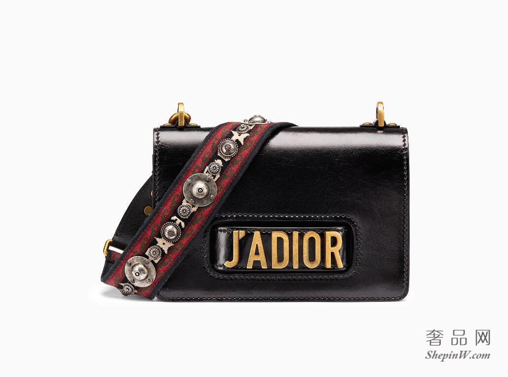 Dior J'adior黑色褶皱小牛皮翻盖式手提包 配波西米亚风格肩带