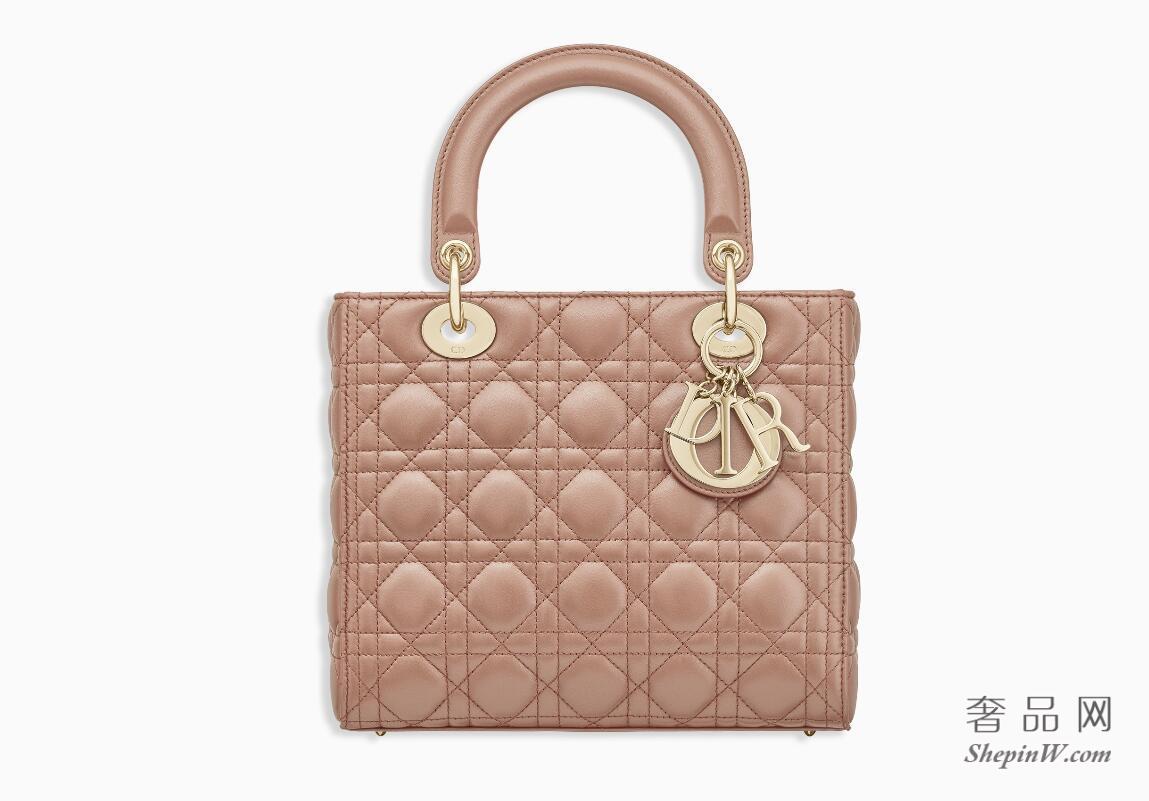 Dior迪奥“Lady Dior”柔粉色Cannage藤格纹 小羊皮手提包
