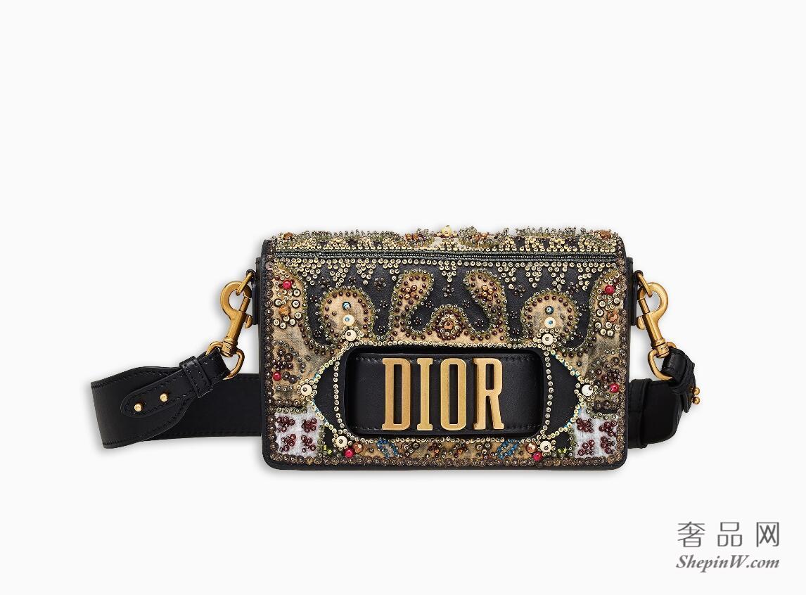 Dior EVOLUTION FLAP BAG WITH SLOT HANDCLASP IN BLACK SMOOTH CALFSKIN EMBROIDERED WITH A BEADED HEART