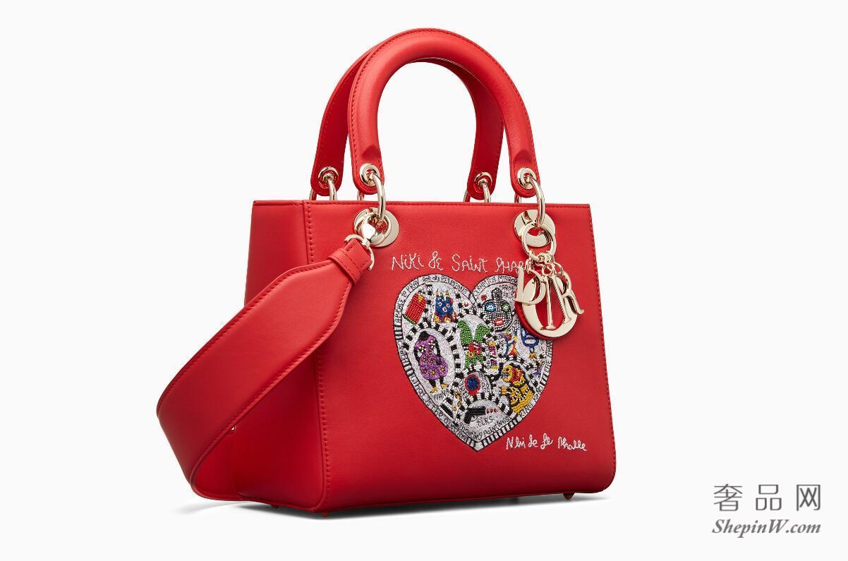 迪奥Lady Dior红色光滑小牛皮手提包 Niki de Saint Phalle圆珠和丝线刺绣