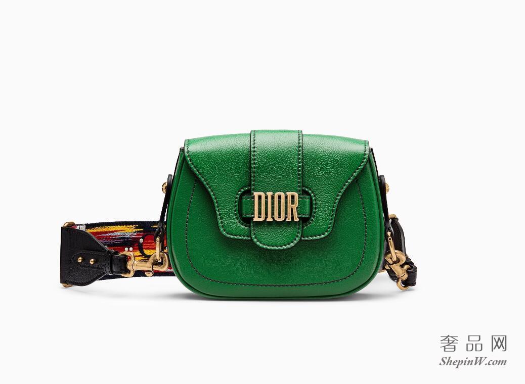 Dior D-Fence浅绿色高级山羊皮斜挎包 彩色刺绣帆布宽肩背带