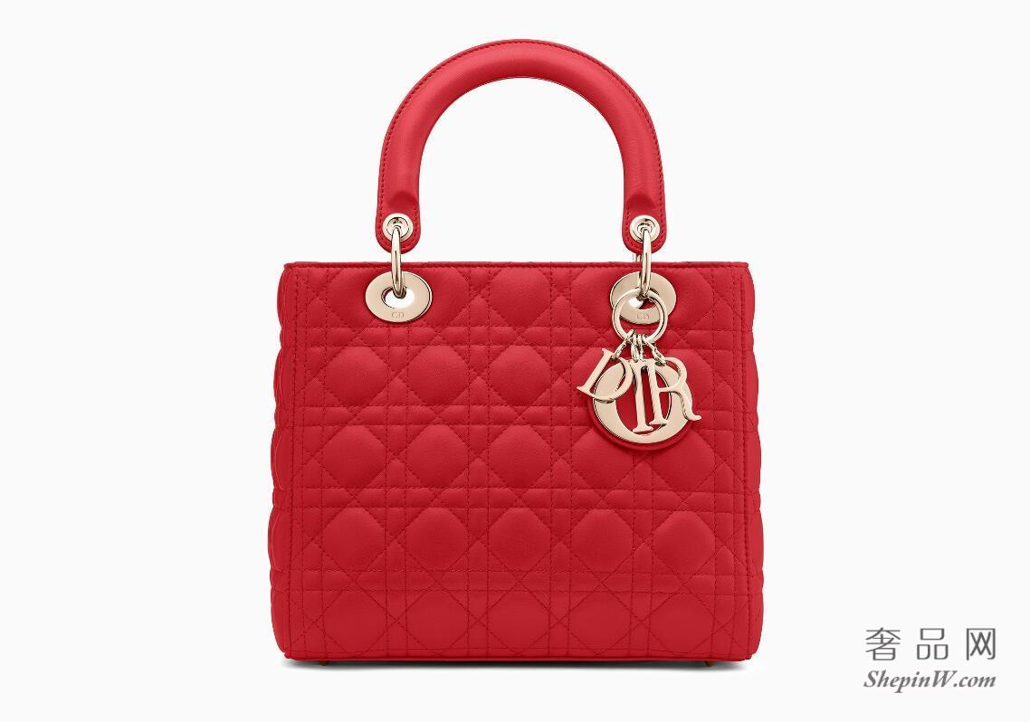 Dior迪奥Lady Dior红色Cannage藤格纹 小羊皮手提包