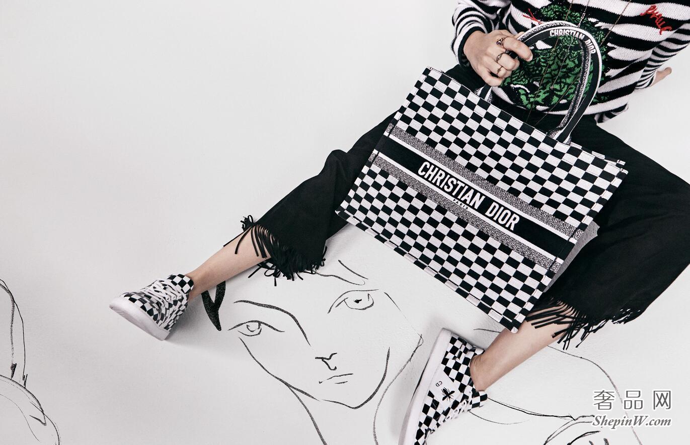 迪奥Dior Book Tote黑色和白色刺绣帆布手提包