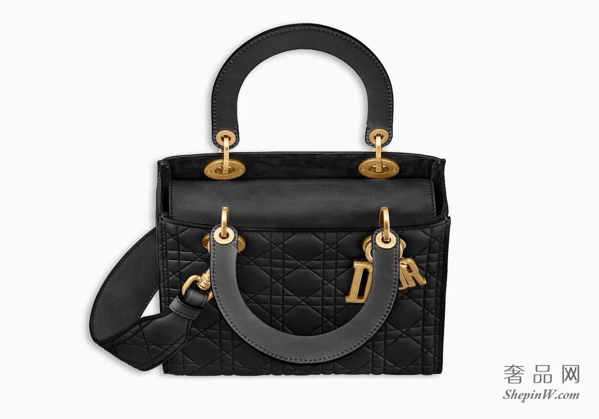Dior迪奥 Lady Dior黑色藤格纹压印光滑小牛皮柔软手提包