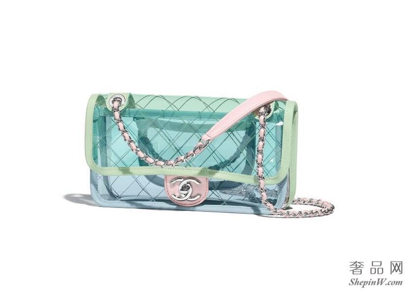 Chanel香奈儿 2018春夏系列新款式 PVC材质、小羊皮 蓝、绿与粉红 口盖包