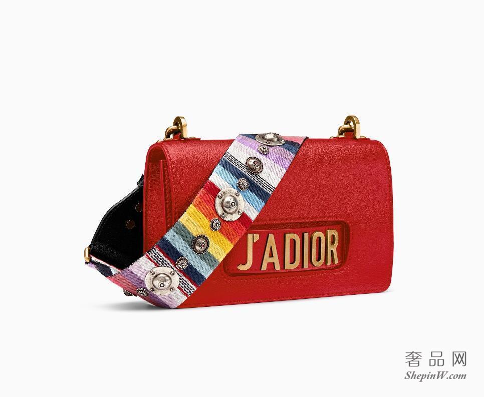 Dior J'adior红色高级山羊皮翻盖式手提包 彩色刺绣帆布宽肩背带