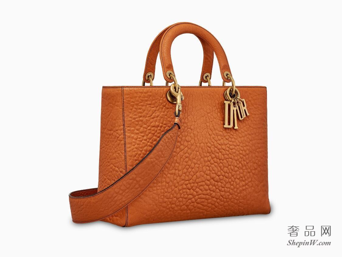迪奥“Lady Dior”橘色Canyon粒面触感小羊皮柔软大手提包