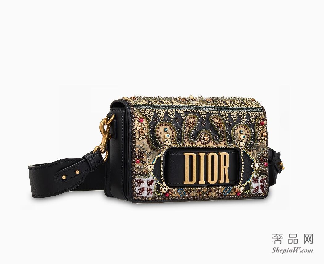 Dior EVOLUTION FLAP BAG WITH SLOT HANDCLASP IN BLACK SMOOTH CALFSKIN EMBROIDERED WITH A BEADED HEART
