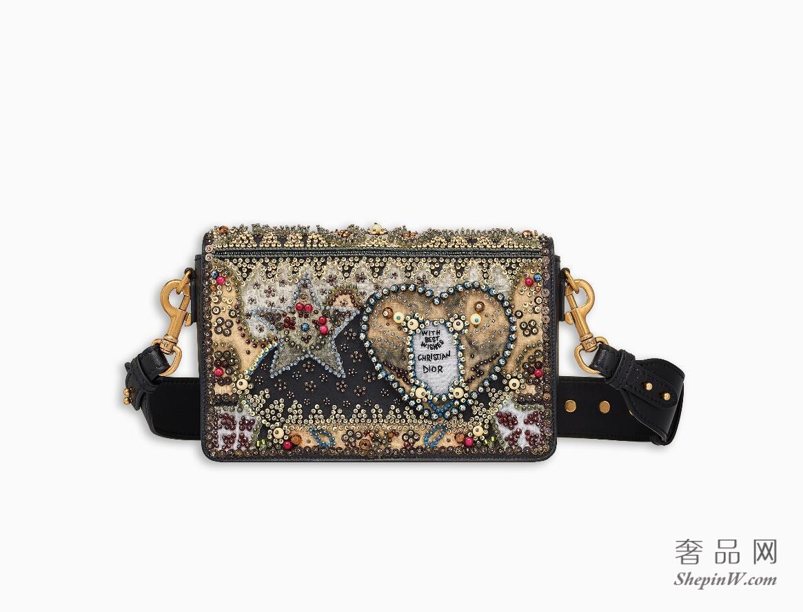 Dior EVOLUTION FLAP BAG WITH SLOT HANDCLASP IN BLACK SMOOTH CALFSKIN EMBROIDERED WITH A BEADED HEART