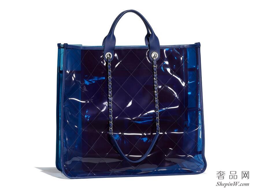 2018春夏系列Chanel香奈儿 蓝与深蓝PVC材质、小羊皮 大号手提包