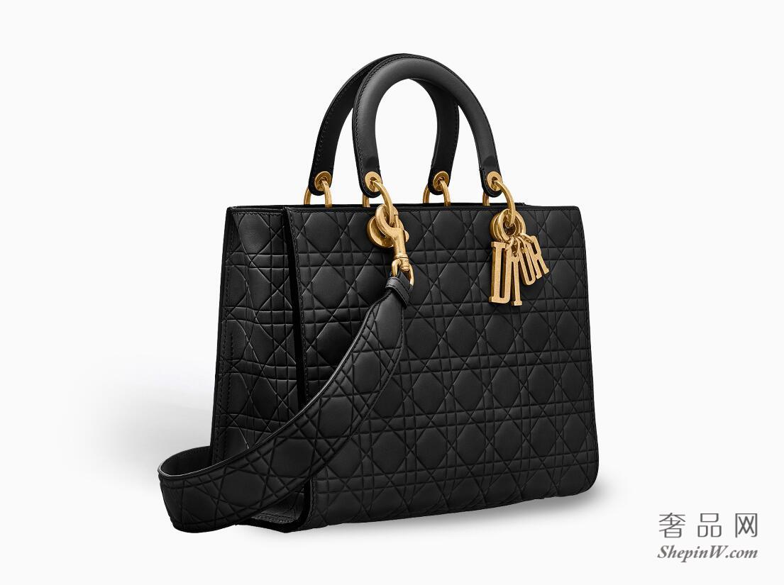 迪奥Lady Dior黑色藤格纹压印光滑小牛皮柔软大手提包