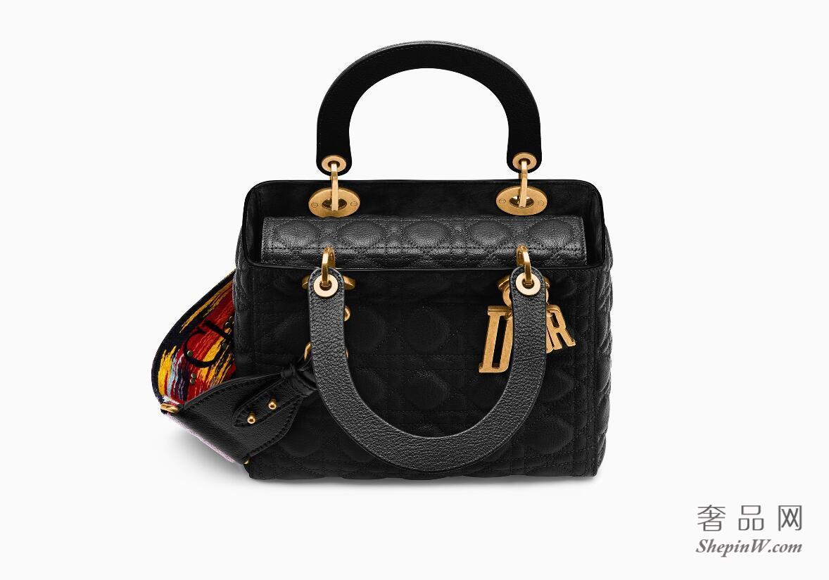 Dior迪奥 Lady Dior黑色藤格纹高级山羊皮柔软手提包