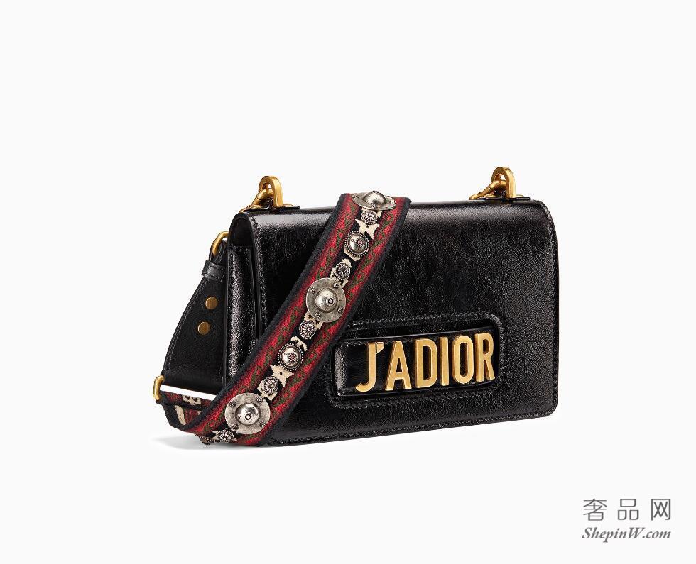 Dior J'adior黑色褶皱小牛皮翻盖式手提包 配波西米亚风格肩带