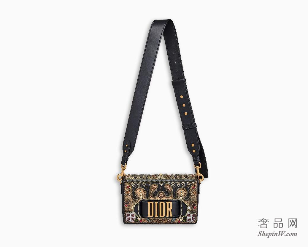 Dior EVOLUTION FLAP BAG WITH SLOT HANDCLASP IN BLACK SMOOTH CALFSKIN EMBROIDERED WITH A BEADED HEART