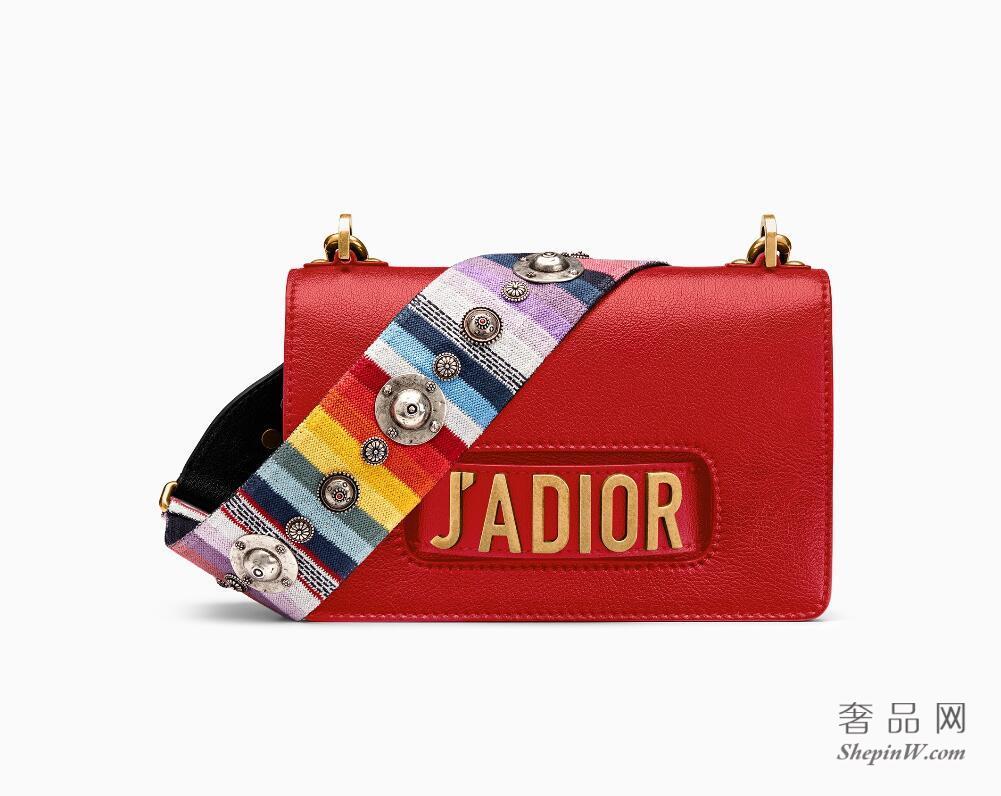 Dior J'adior红色高级山羊皮翻盖式手提包 彩色刺绣帆布宽肩背带