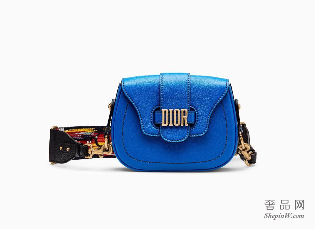 迪奥Dior D-Fence月蓝色高级山羊皮斜挎包 配彩色刺绣帆布宽肩背带