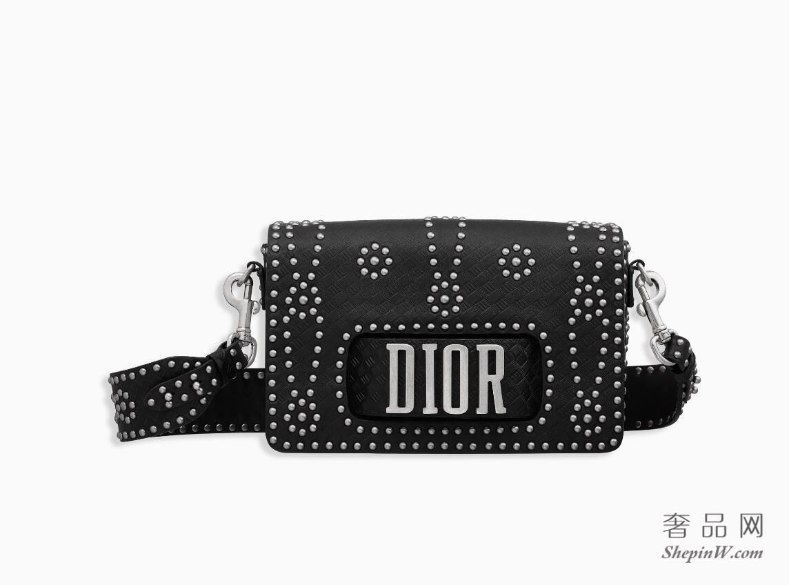 Dior EVOLUTION FLAP BAG WITH SLOT HANDCLASP IN BLACK STUDDED CALFSKIN